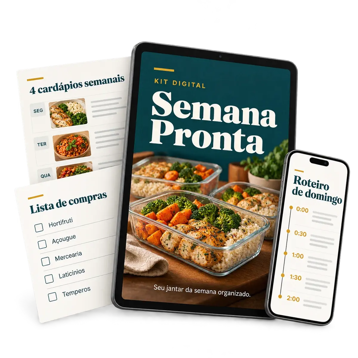 Kit digital Semana Pronta em tablet, celular e folhas impressas